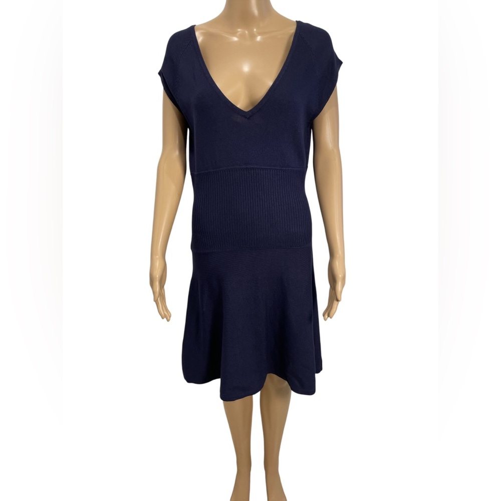 Boston Proper Cable Front Cap Sleeves V-neck Deep Navy Sweater Midi Dress size M